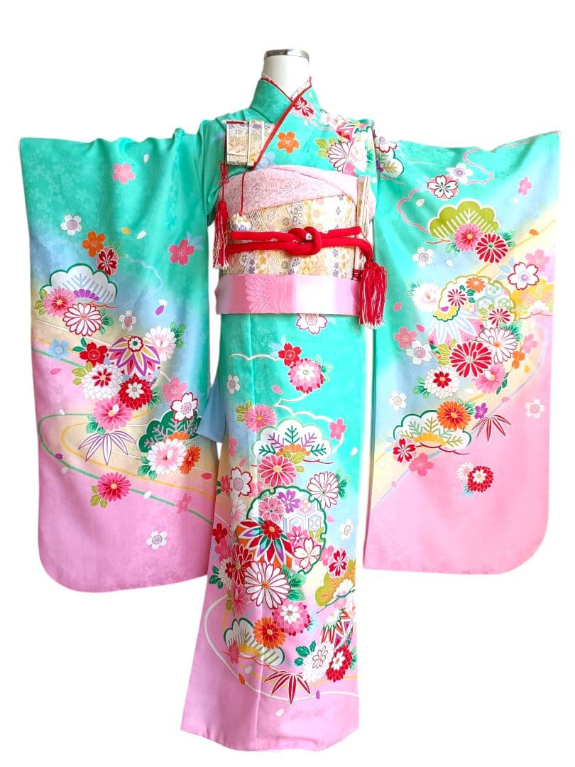 ミントグリーンの着物に白の作り帯セット☆七五三７歳　ハーフ成人式