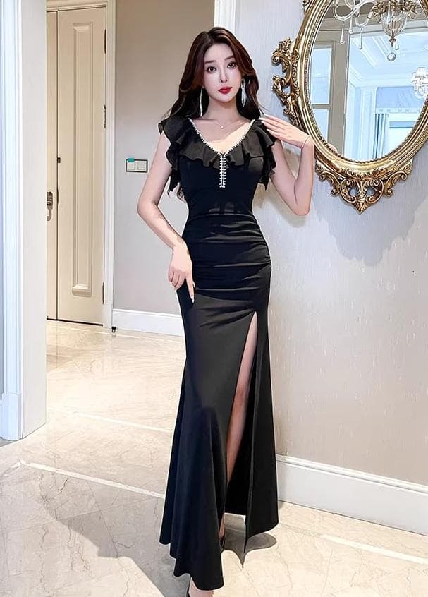 イブニングドレス Vネック レース フリル スリット キャバ嬢【選べる2色】