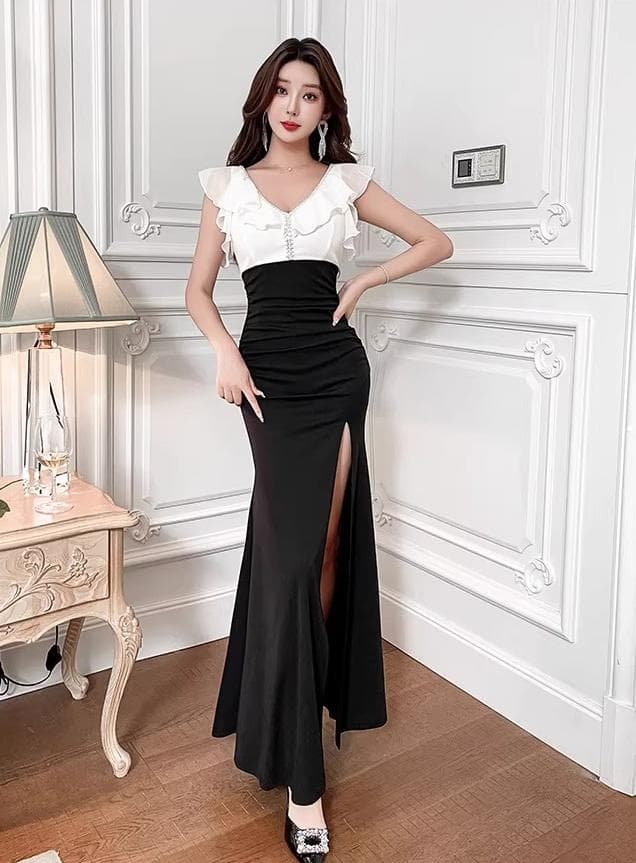 イブニングドレス Vネック レース フリル スリット キャバ嬢【選べる2色】