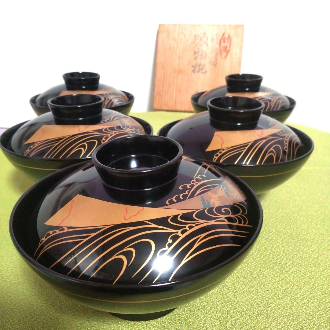 輪島塗 蓋付 椀 吸飲椀 波 鳥 金彩 蒔絵 松 黒 漆塗り 木箱付