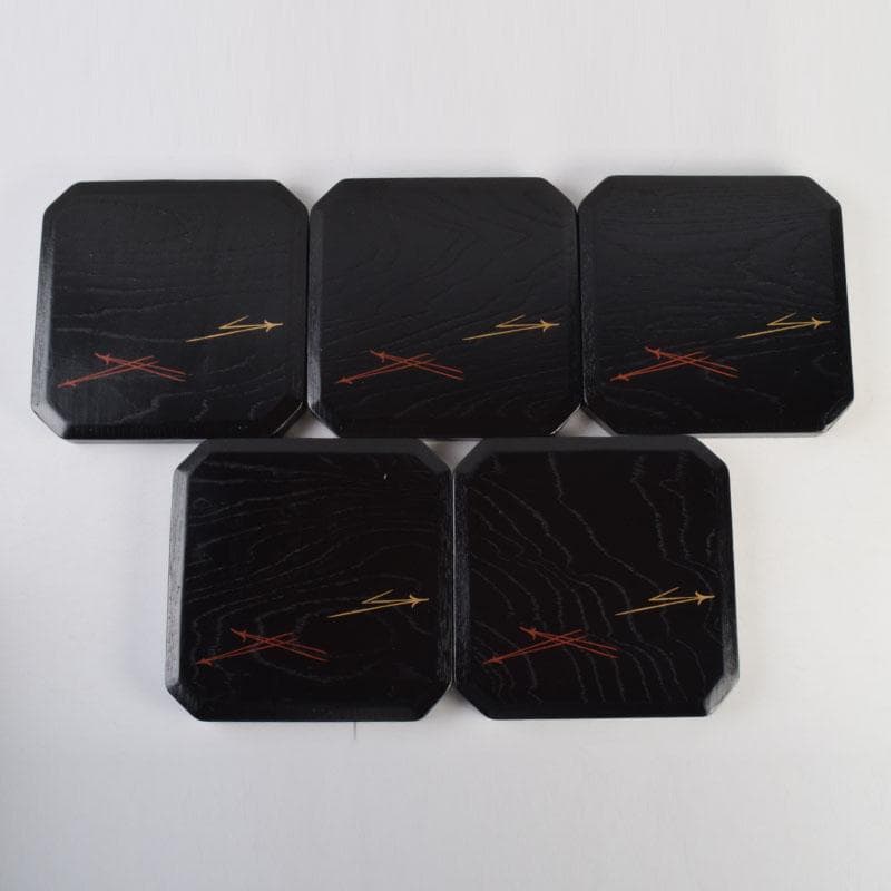 和食器　黒漆　松葉蒔絵　柿合　折曲重箱　5点　C　8625A