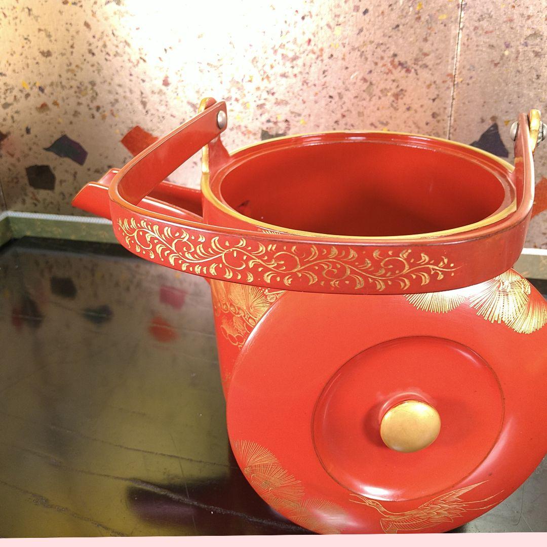 AA332 湯桶 輪島塗朱漆沈金蒔絵鶴松めでた図茶道具茶懐石