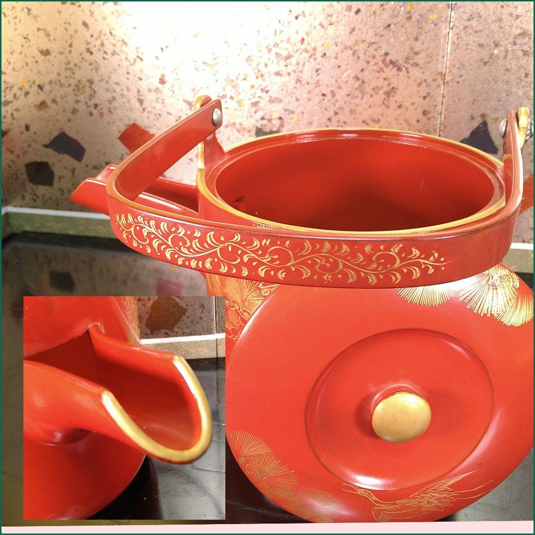 AA332 湯桶 輪島塗朱漆沈金蒔絵鶴松めでた図茶道具茶懐石