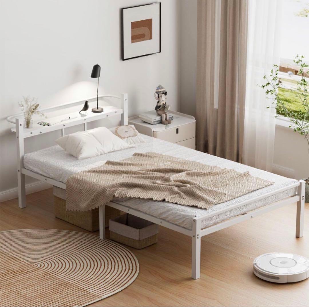 ベッドフレーム シングル パイプベッド 2口コンセント宮棚 ホワイト