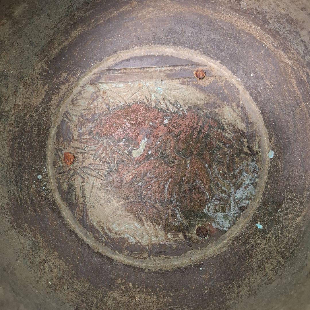 唐銅製　脚付火鉢　木製台付き　　骨董　茶道具　アンティーク　古民具