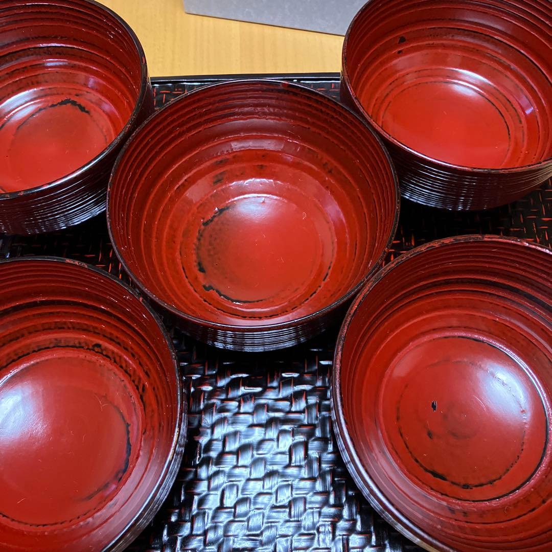 【未使用】天然木　根来塗　朱うるし塗　 平筋どんぶり　丼もの　雑煮椀　お椀　5P