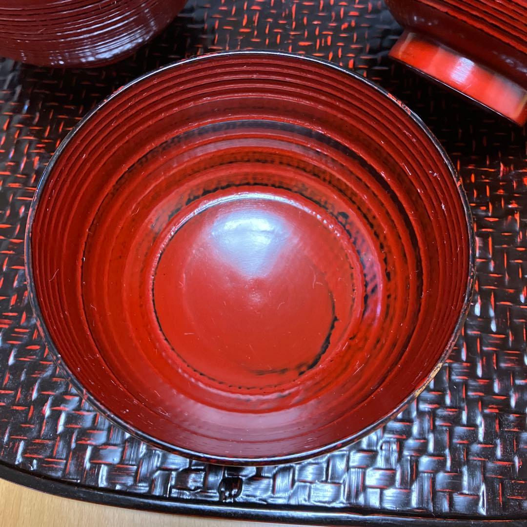 【未使用】天然木　根来塗　朱うるし塗　 平筋どんぶり　丼もの　雑煮椀　お椀　5P