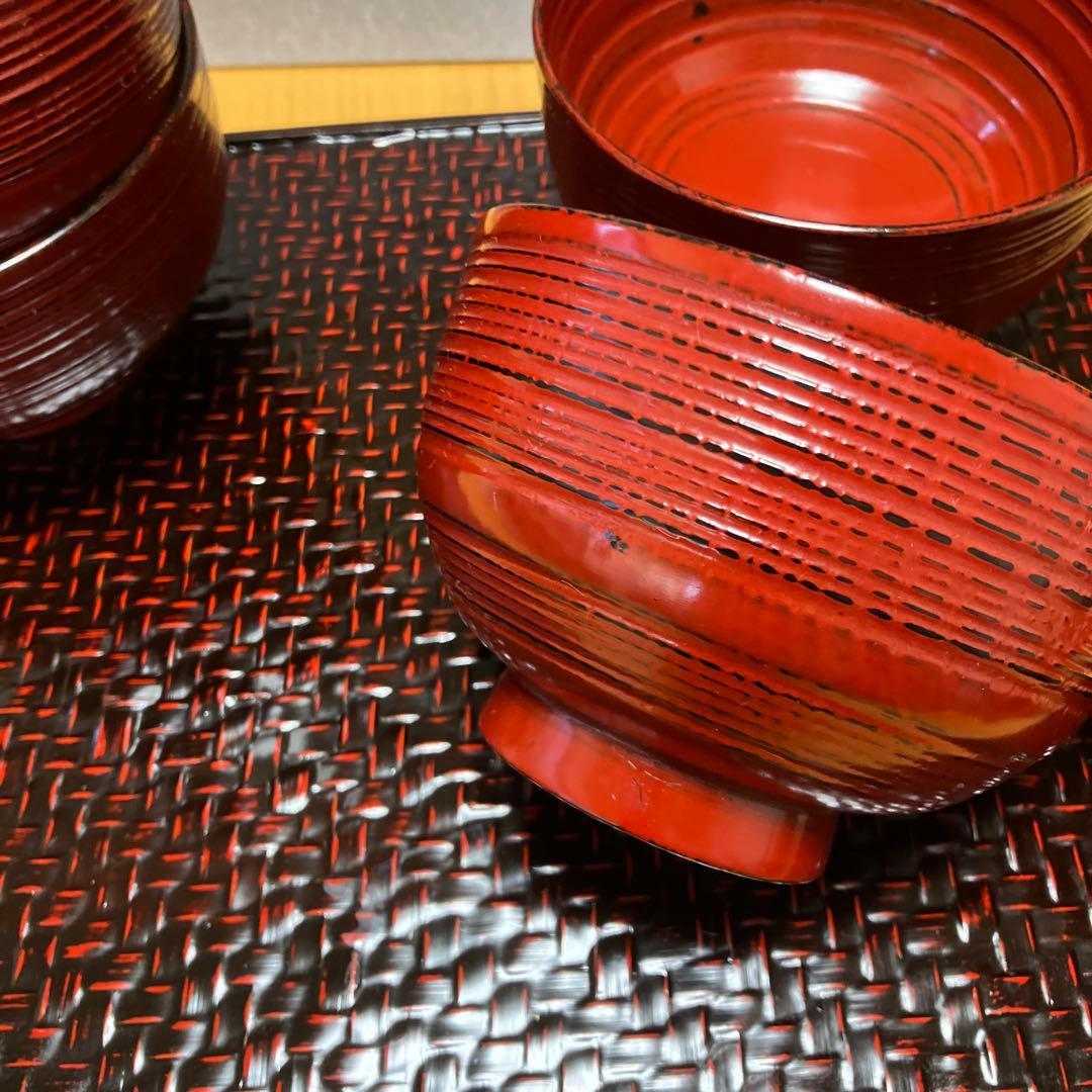 【未使用】天然木　根来塗　朱うるし塗　 平筋どんぶり　丼もの　雑煮椀　お椀　5P