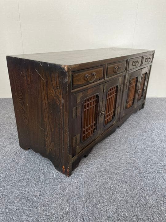 李朝箪笥 桐箪笥 キャビネット 2つの 観音扉 4つの 小引き出し 中古品