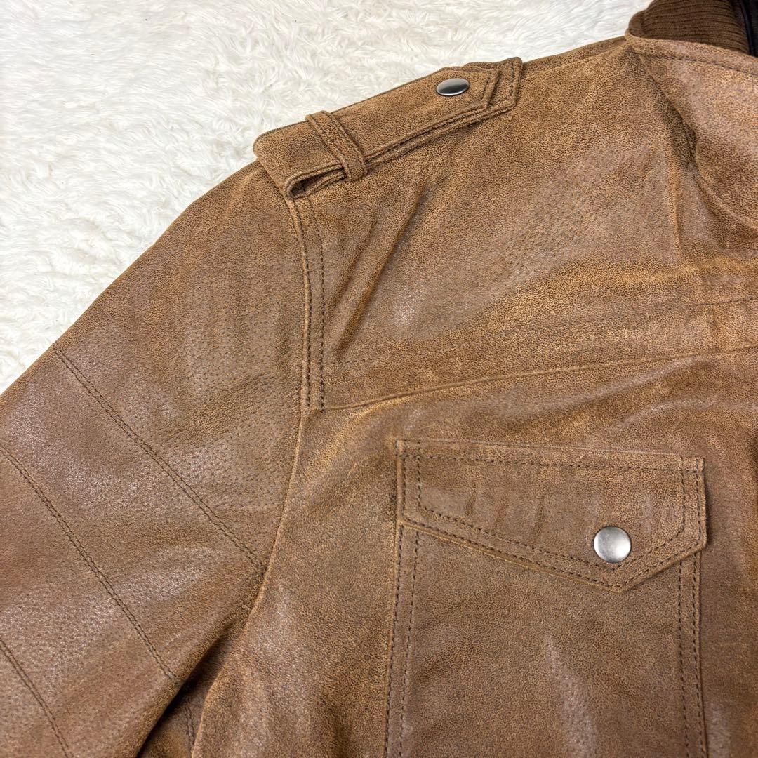 FLAVOR フード付 レザー ボマージャケット ライダースジャケット 茶色XL