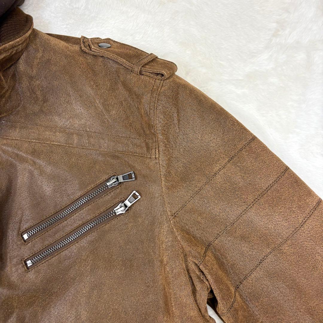 FLAVOR フード付 レザー ボマージャケット ライダースジャケット 茶色XL