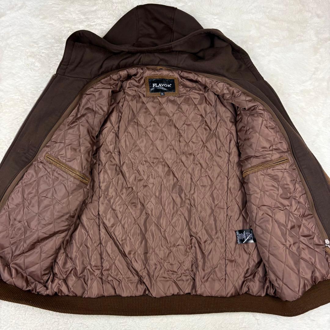 FLAVOR フード付 レザー ボマージャケット ライダースジャケット 茶色XL