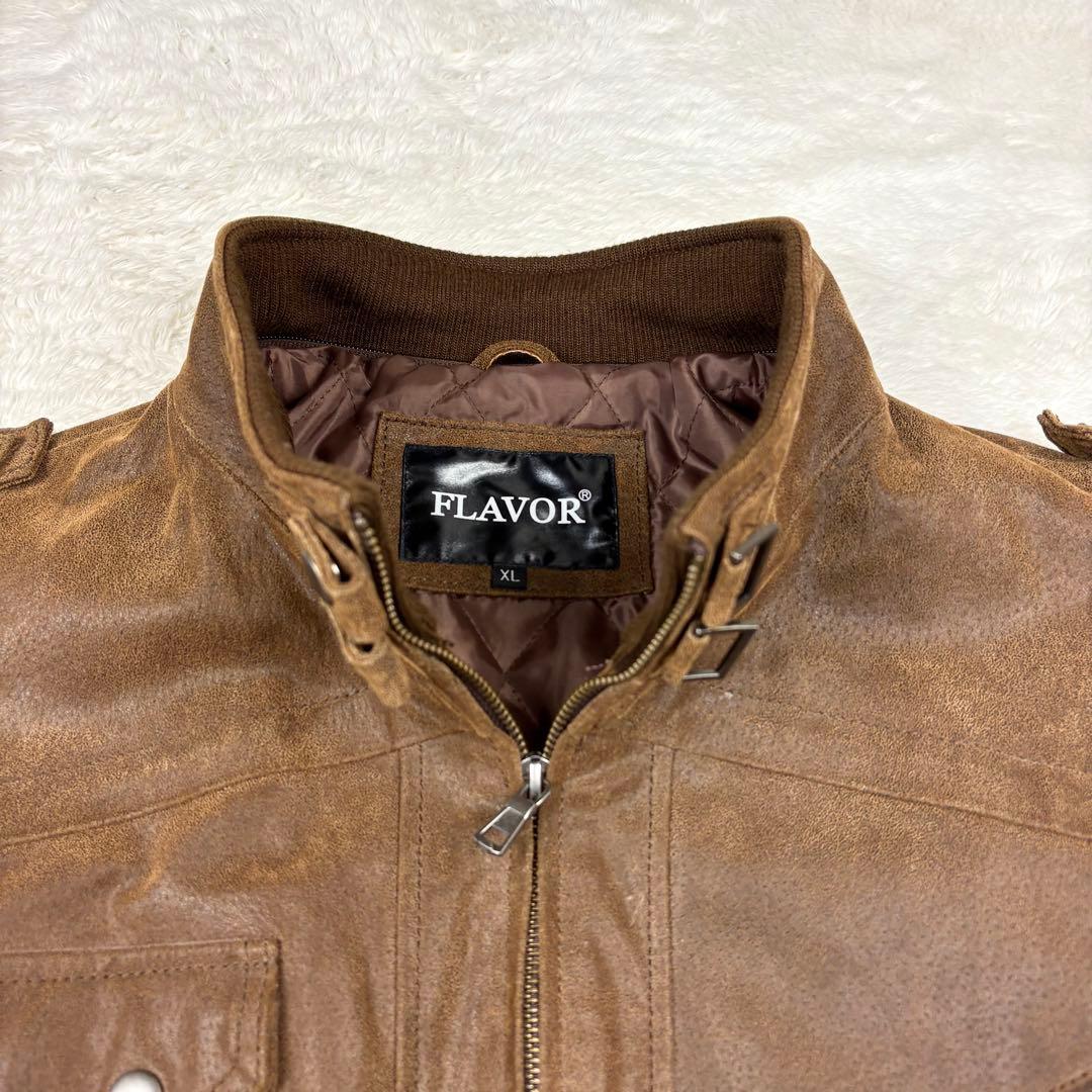 FLAVOR フード付 レザー ボマージャケット ライダースジャケット 茶色XL