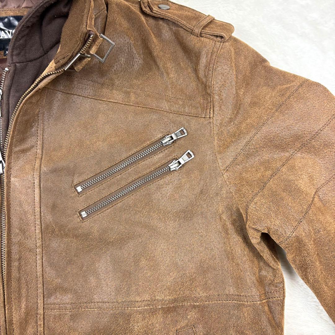 FLAVOR フード付 レザー ボマージャケット ライダースジャケット 茶色XL