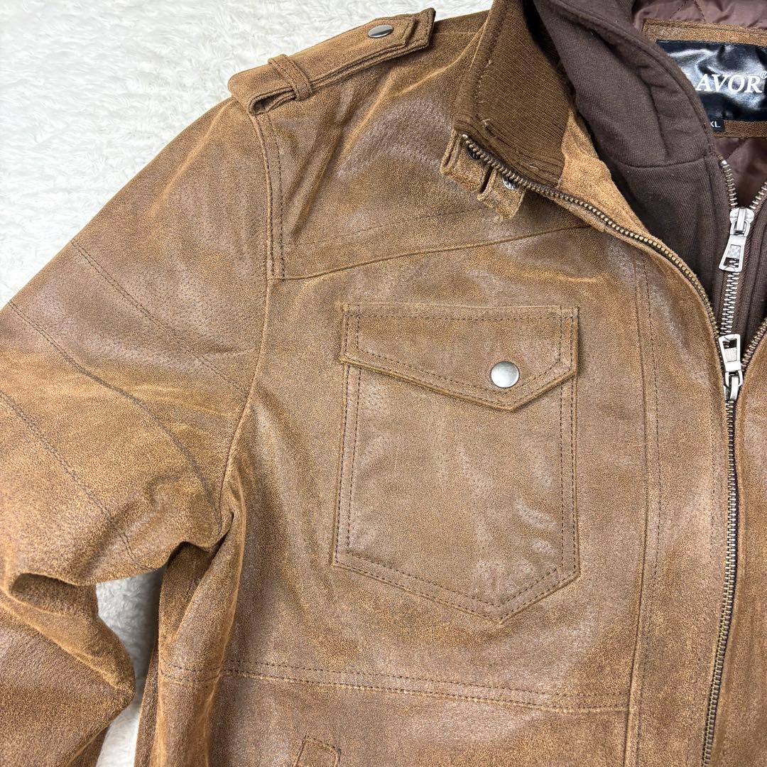 FLAVOR フード付 レザー ボマージャケット ライダースジャケット 茶色XL