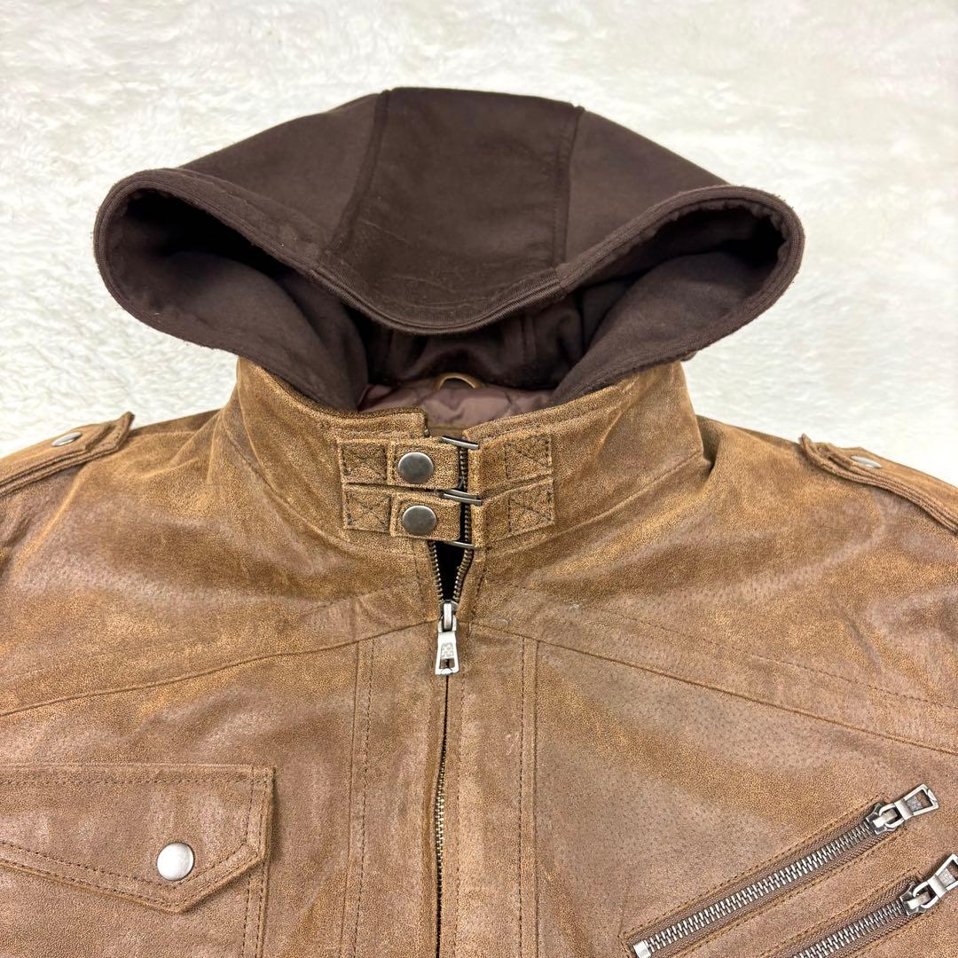 FLAVOR フード付 レザー ボマージャケット ライダースジャケット 茶色XL