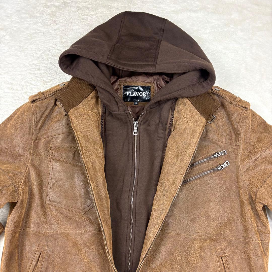 FLAVOR フード付 レザー ボマージャケット ライダースジャケット 茶色XL