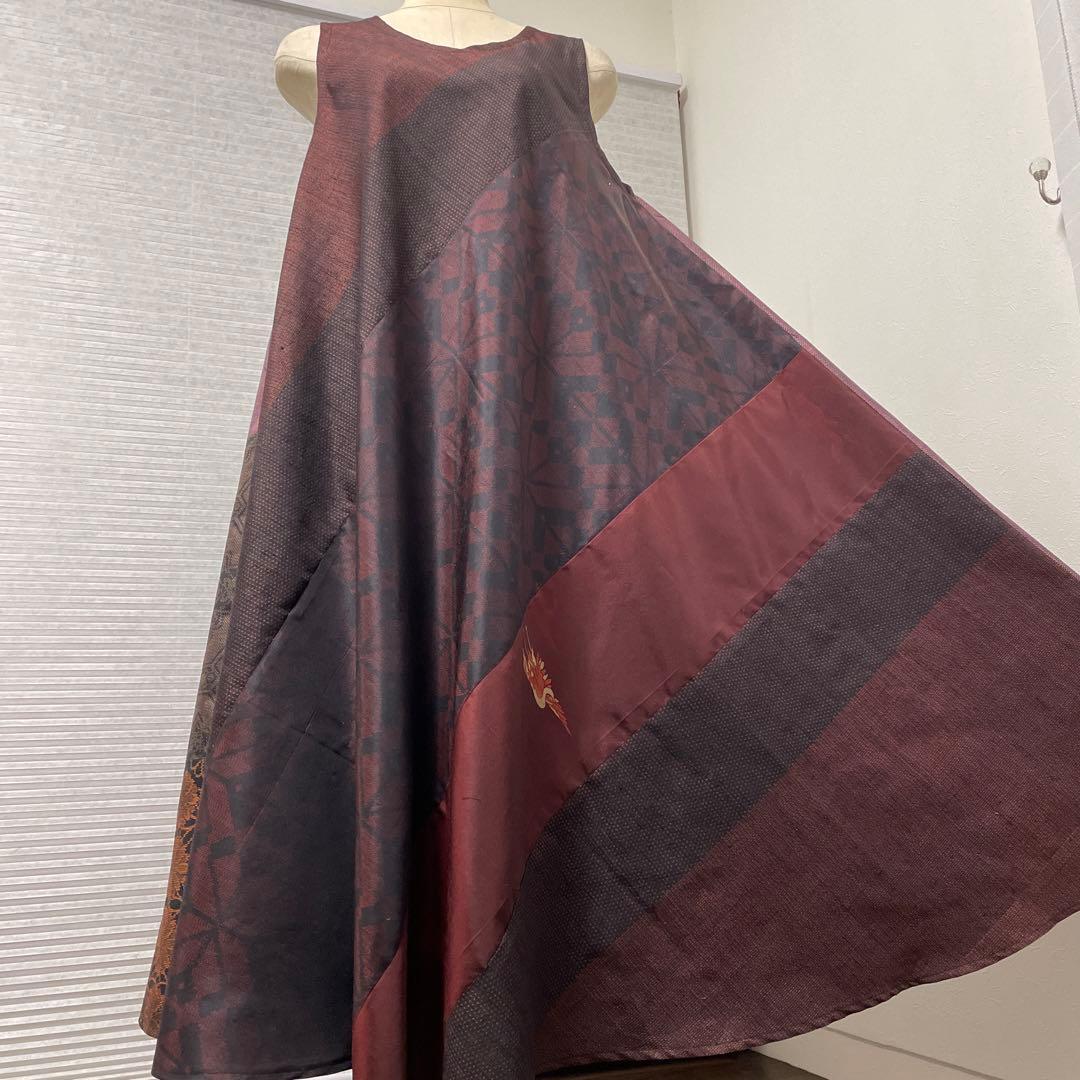 着物ワンピーステントラインマキシ丈《11》大島紬や紬等(7マルキ含)M〜L