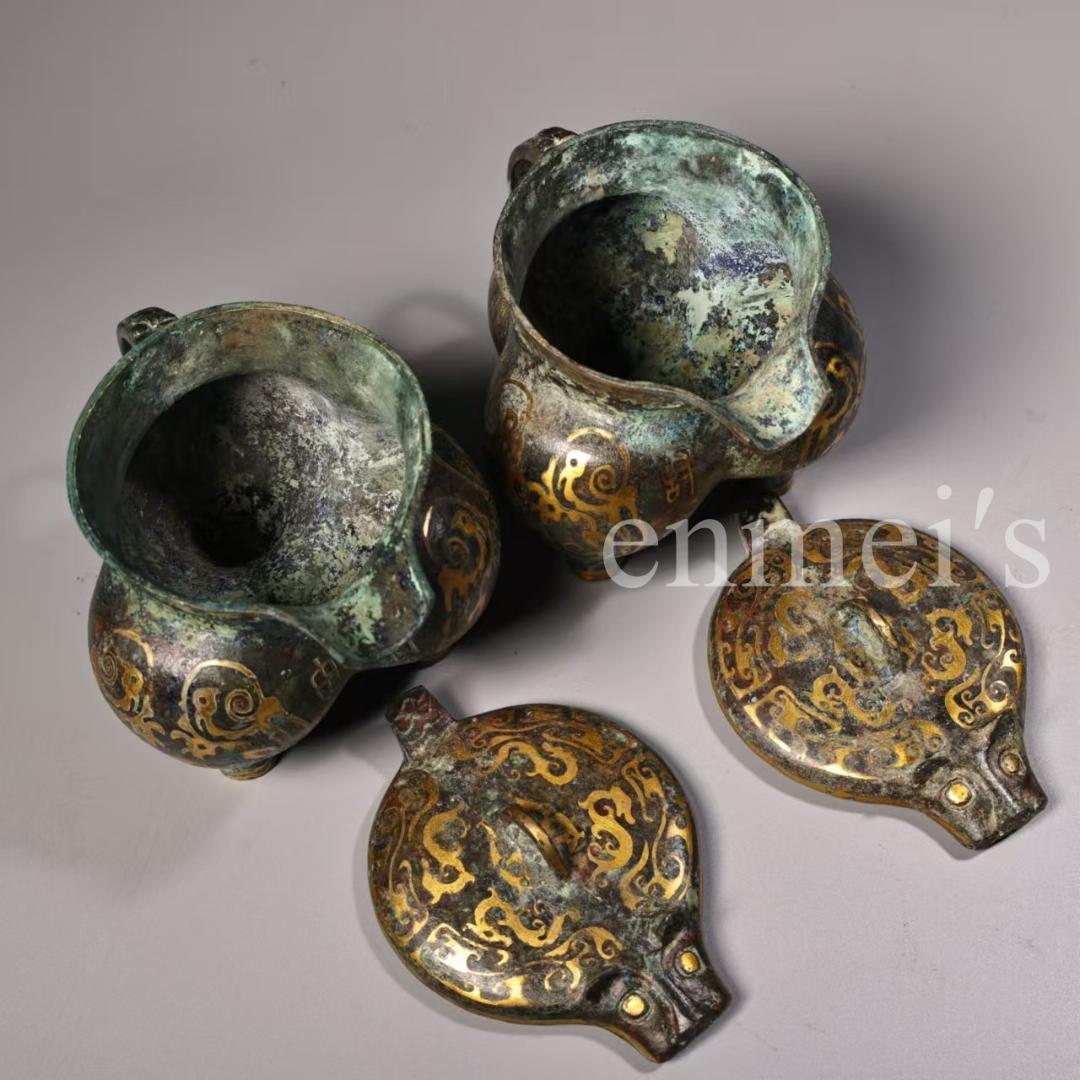 中国古美術・旧蔵青銅製錯金三足酒器 セット・酒具・分酒器・純手作り・置物・茶道具
