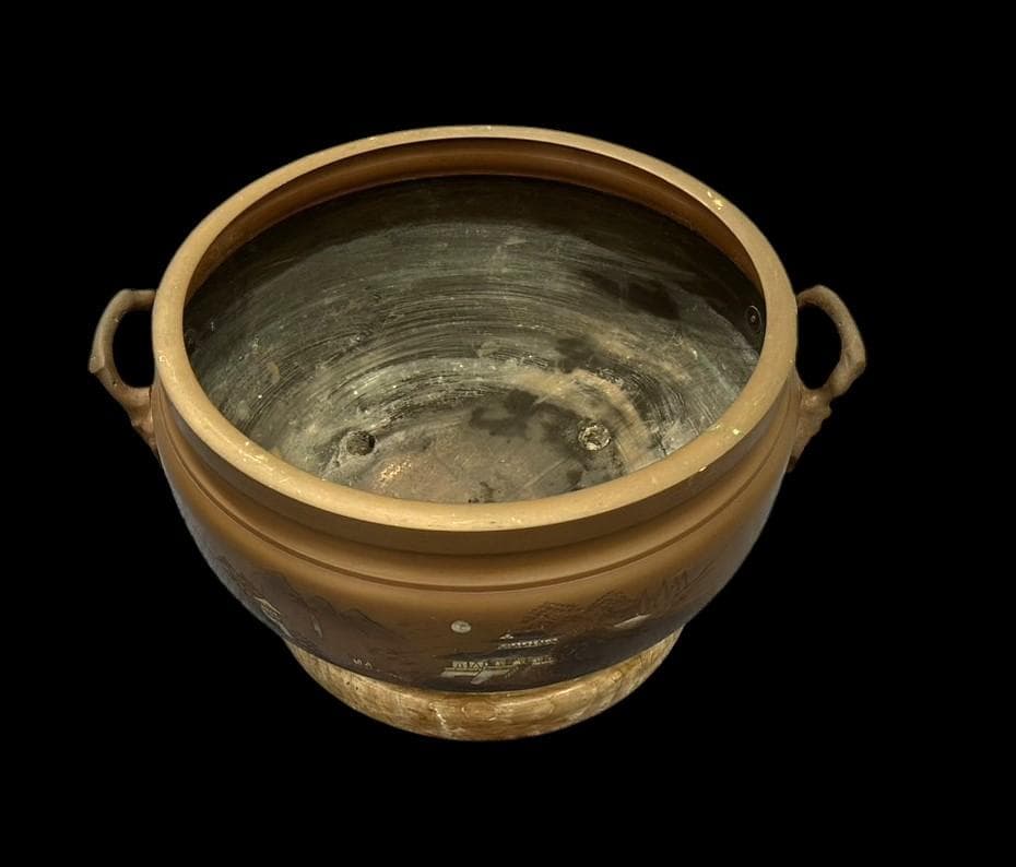 大きな 銅製 火鉢 象嵌 在銘 骨董 古玩 横幅-約53㎝ 高さ-約29㎝