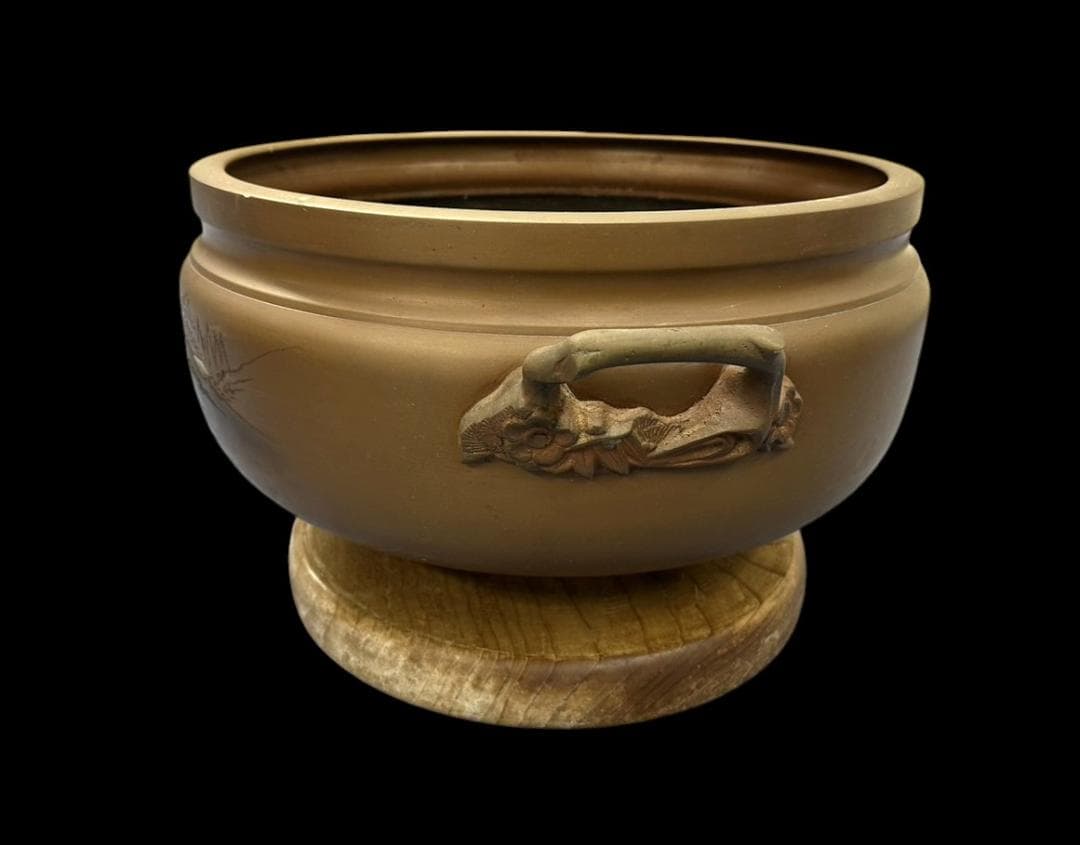 大きな 銅製 火鉢 象嵌 在銘 骨董 古玩 横幅-約53㎝ 高さ-約29㎝