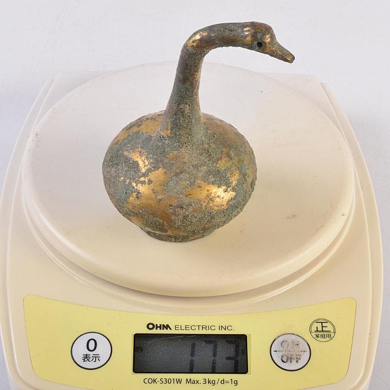 したん　中国　古銅鍍金　鶴形水滴　時代箱付　F　R8857