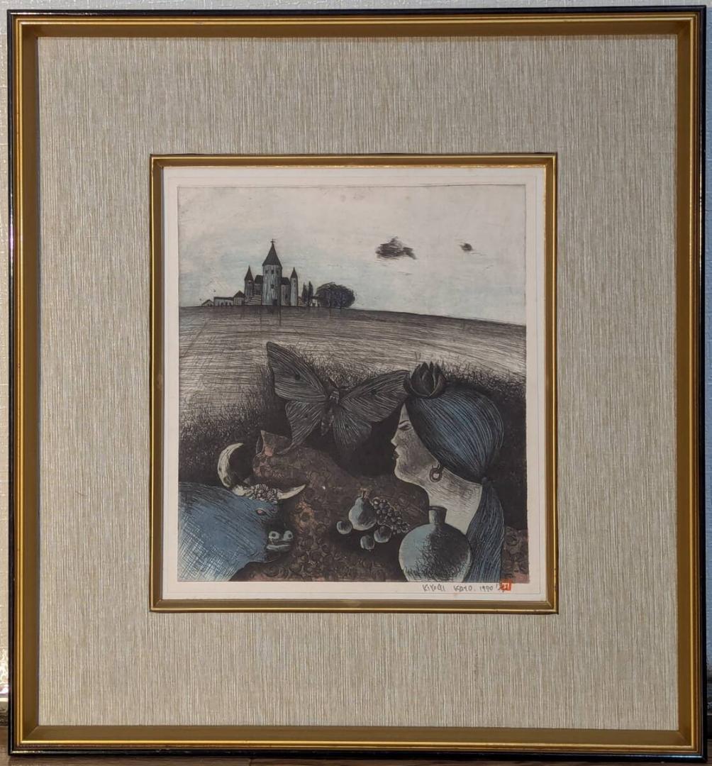 【真作】版画　加藤清治　銅版画　スペインの朝　蝶と少女の物語　Y124