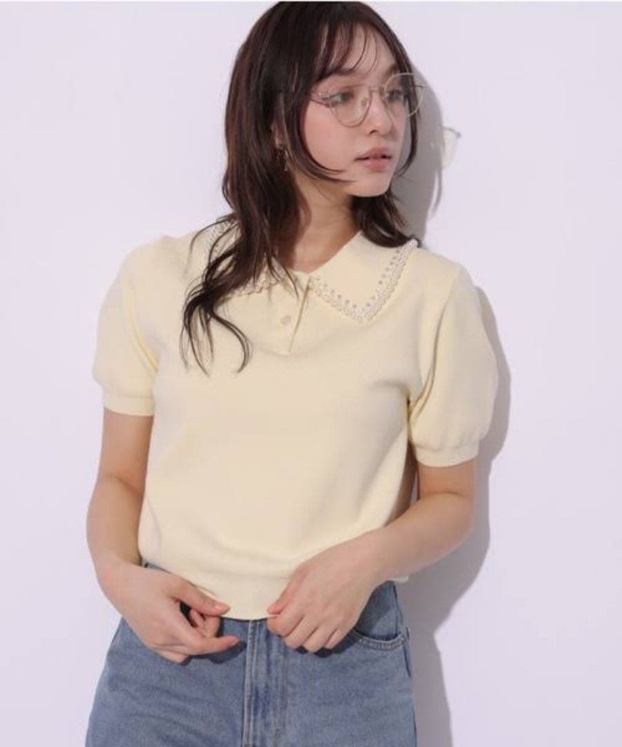 【リランドチュール】パールカラーポロニット（ライトイエロー）サイズM