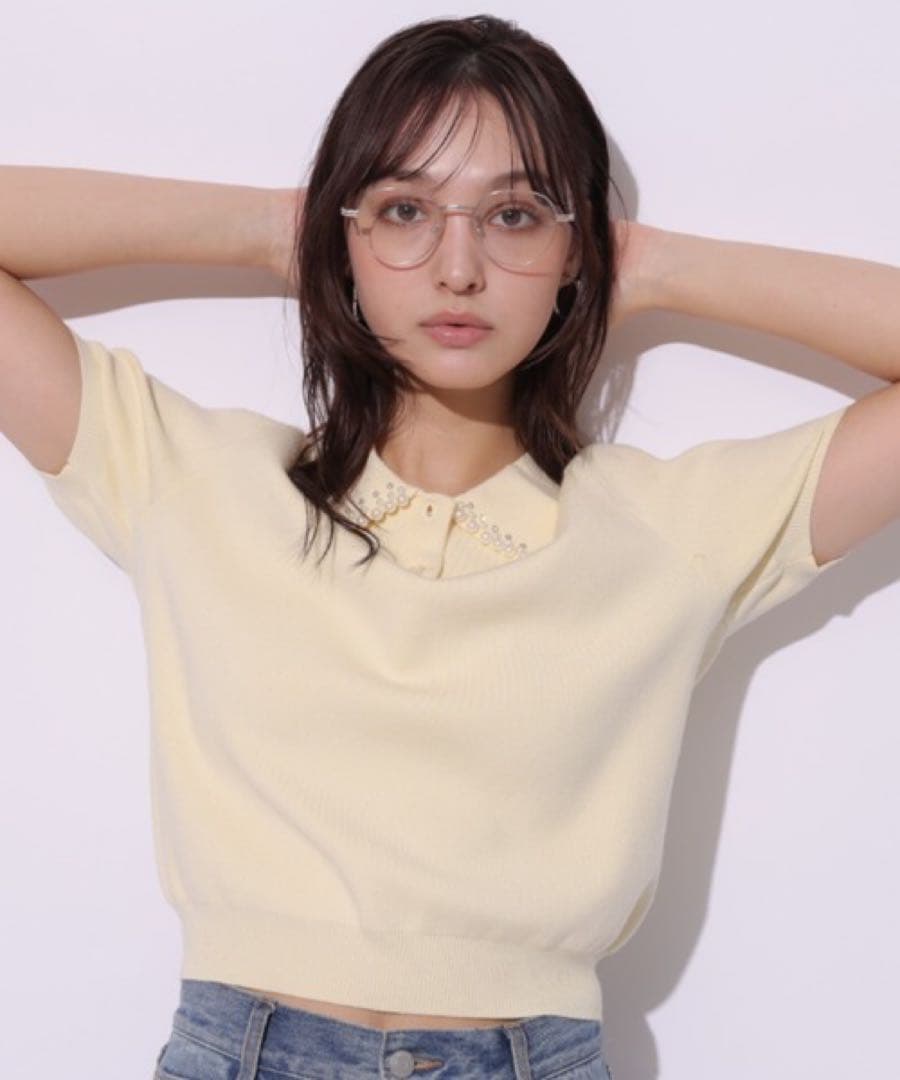 【リランドチュール】パールカラーポロニット（ライトイエロー）サイズM