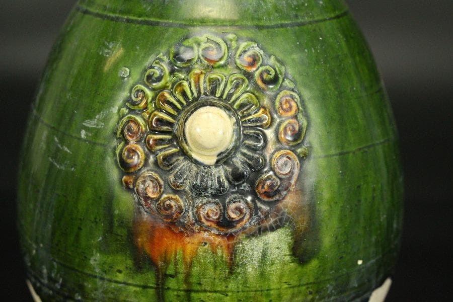 中国美術 緑釉 ニ彩 貼花瓶 高26.3cm(LC145)