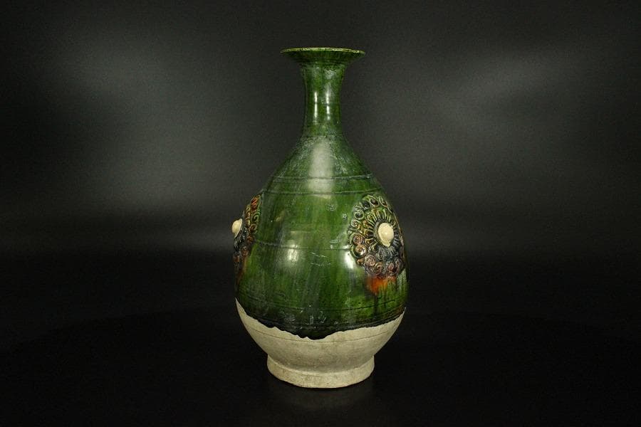 中国美術 緑釉 ニ彩 貼花瓶 高26.3cm(LC145)