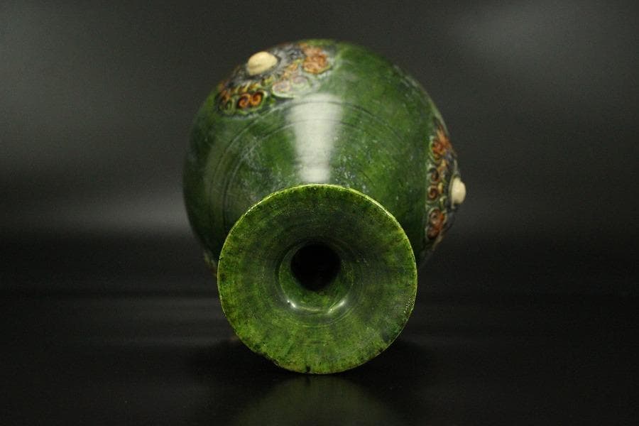 中国美術 緑釉 ニ彩 貼花瓶 高26.3cm(LC145)