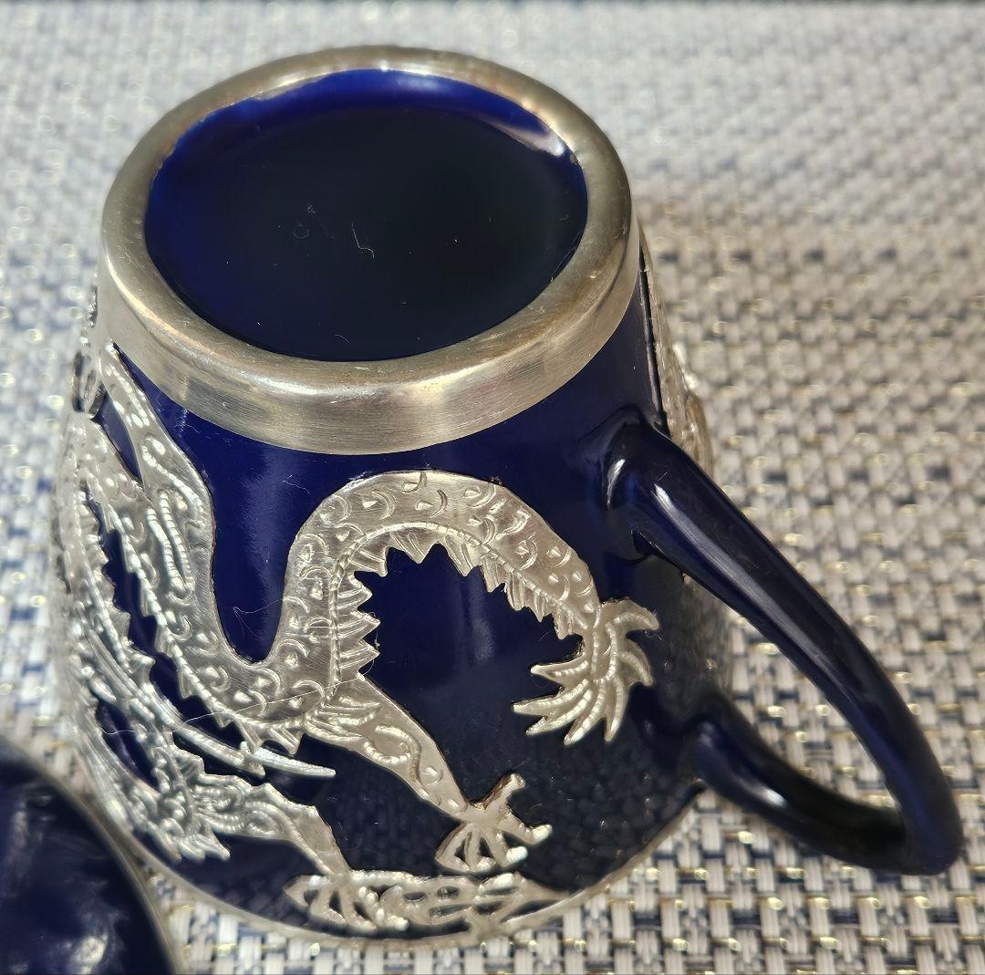 【華美❗】中国美術　瑠璃釉　錫廻し　玉取双龍の図　五爪の龍の図　カップ&ソーサー