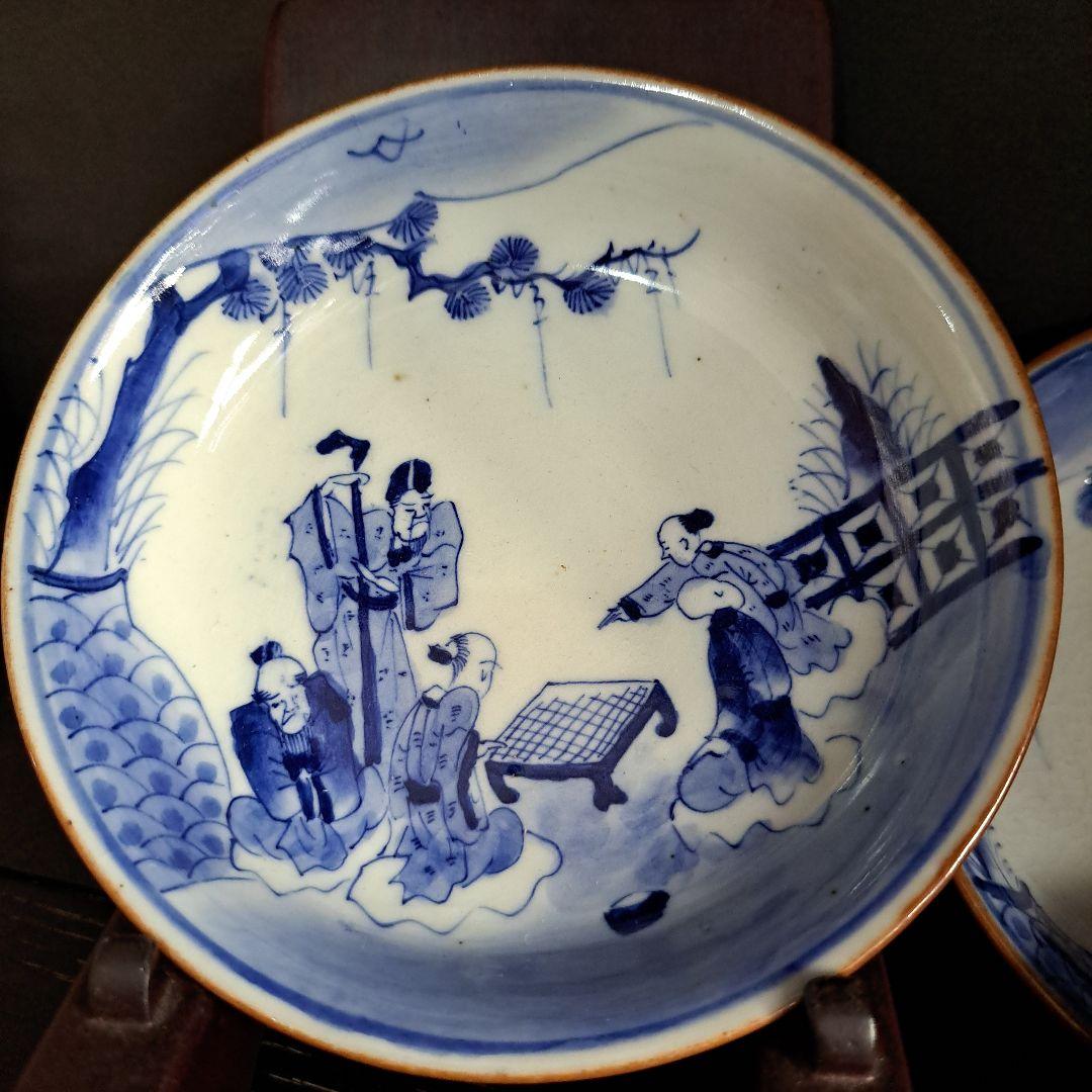 古伊万里　成化年製　小鉢 極上　人物囲碁図　縁朱 五客揃