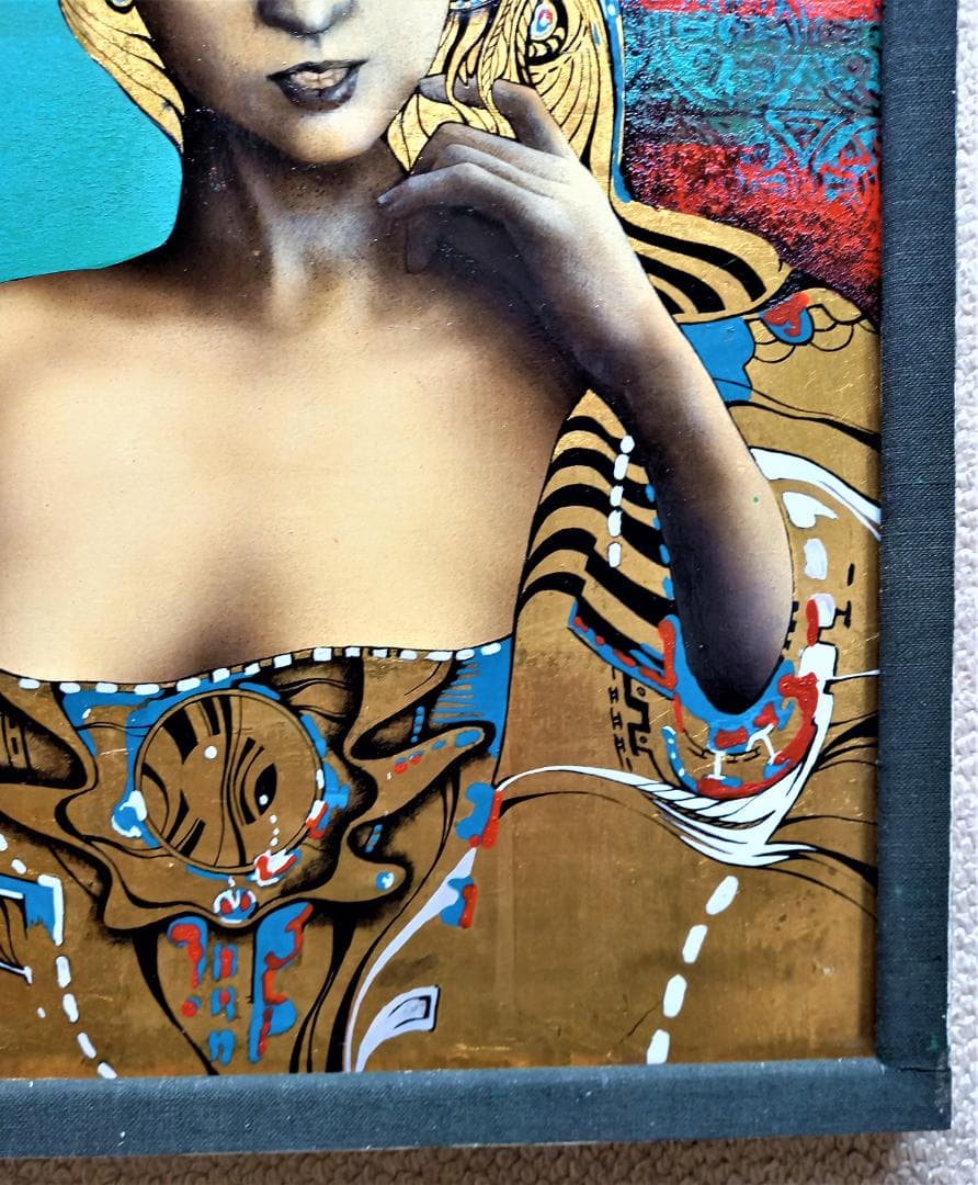 作者不詳　仮タイトル「ドレスを着た婦人図」Ｆ8号油彩画金が使われた豪華装飾　額装