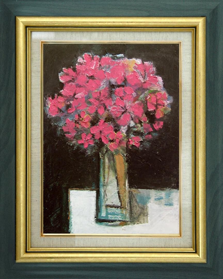 油絵 菅家令子 絵 絵画インテリア 額付(青緑＋金色の枠)uF6-113602花