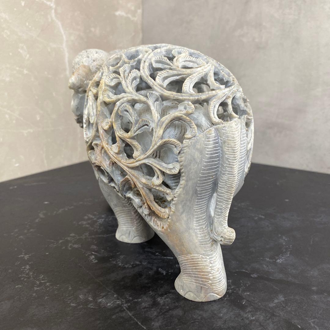 天然石　象の彫刻　透かし彫り　子宝縁起物　ビッグサイズ