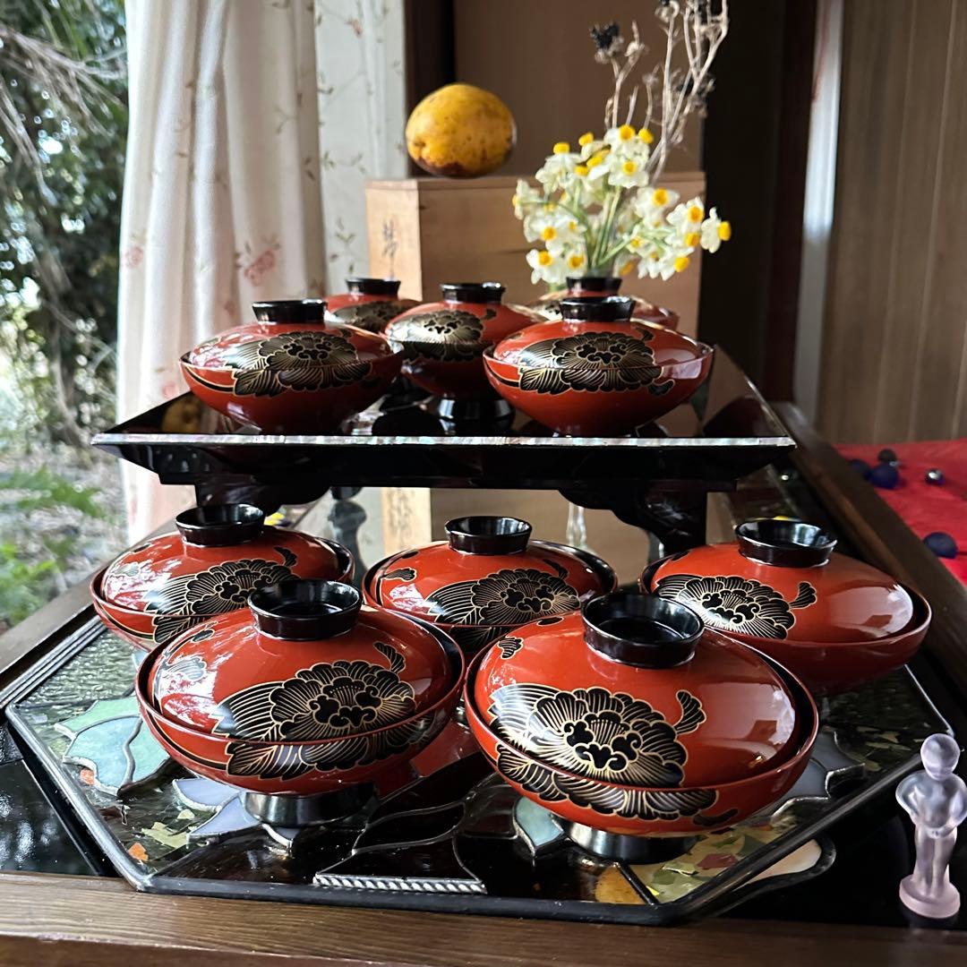 2208様感謝‼️洗朱❌黒JAPAN輪島蒔絵牡丹　独楽椀天然木本漆特製吸物椀5客