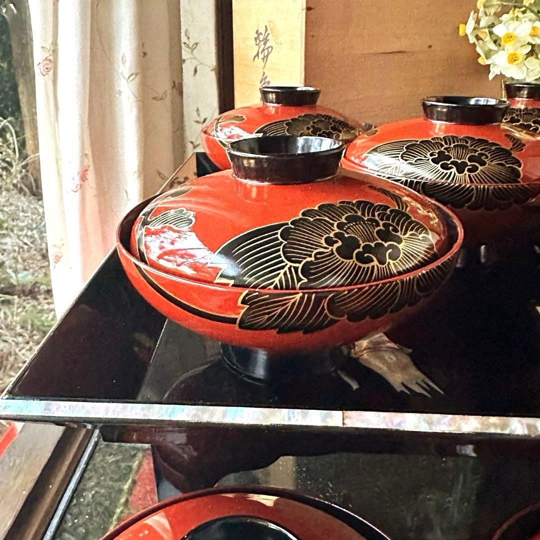 2208様感謝‼️洗朱❌黒JAPAN輪島蒔絵牡丹　独楽椀天然木本漆特製吸物椀5客