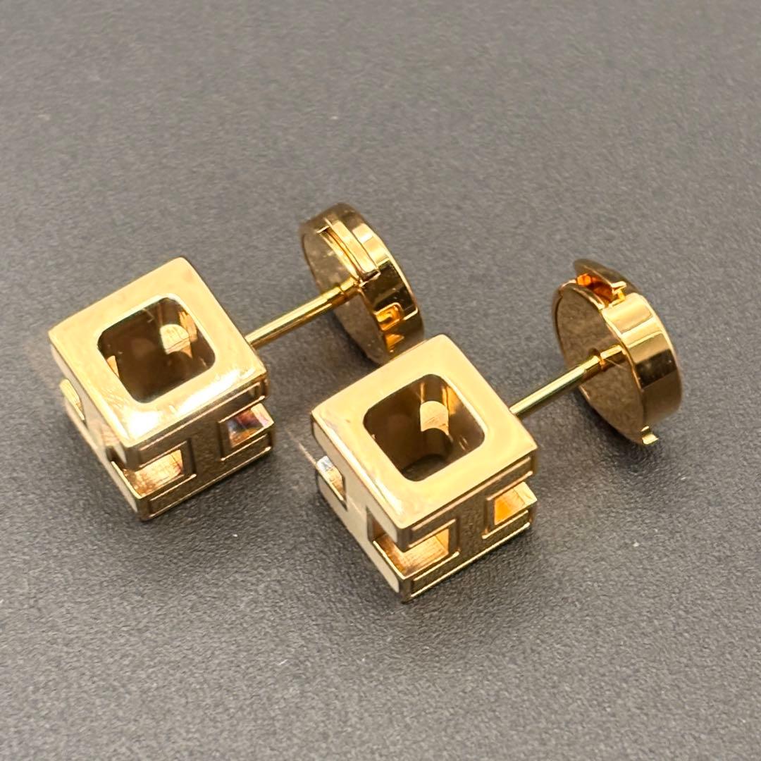 HERMES カージュドアッシュ Hキューブ ホワイト ゴールド ピアス