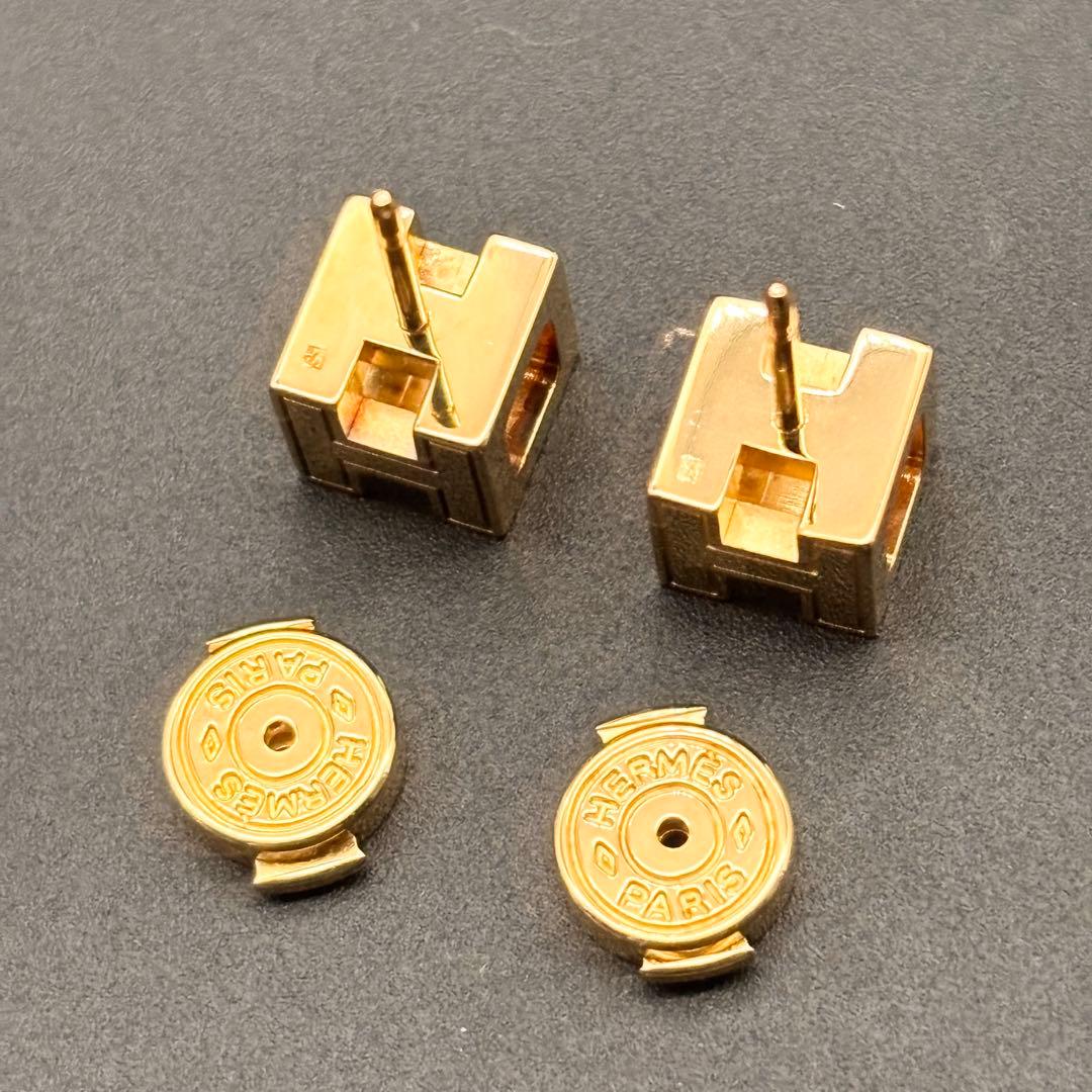 HERMES カージュドアッシュ Hキューブ ホワイト ゴールド ピアス