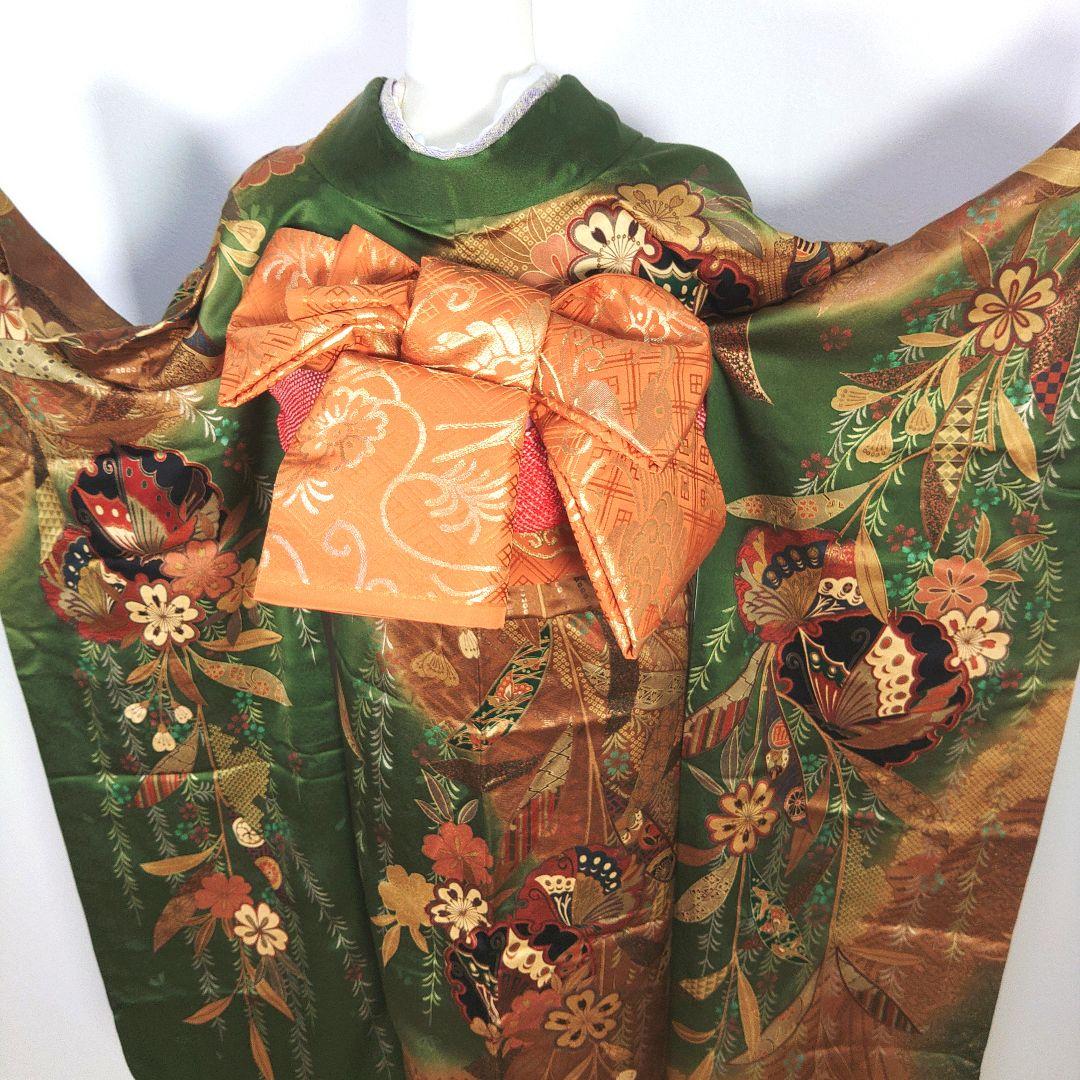 振袖　完全フルセット　24点　成人式　結婚式　前撮り　グリーン　緑　蝶々　美品