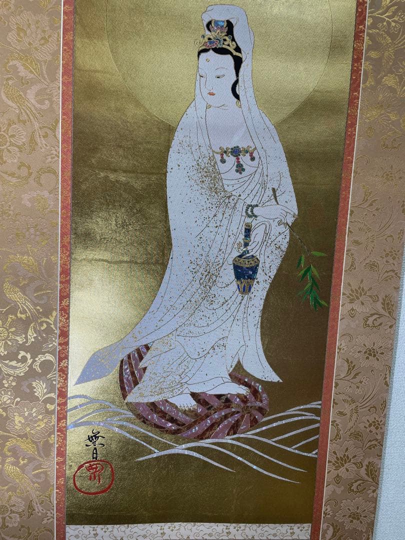 西陣織観音菩薩 掛軸 金色螺鈿加工　美品