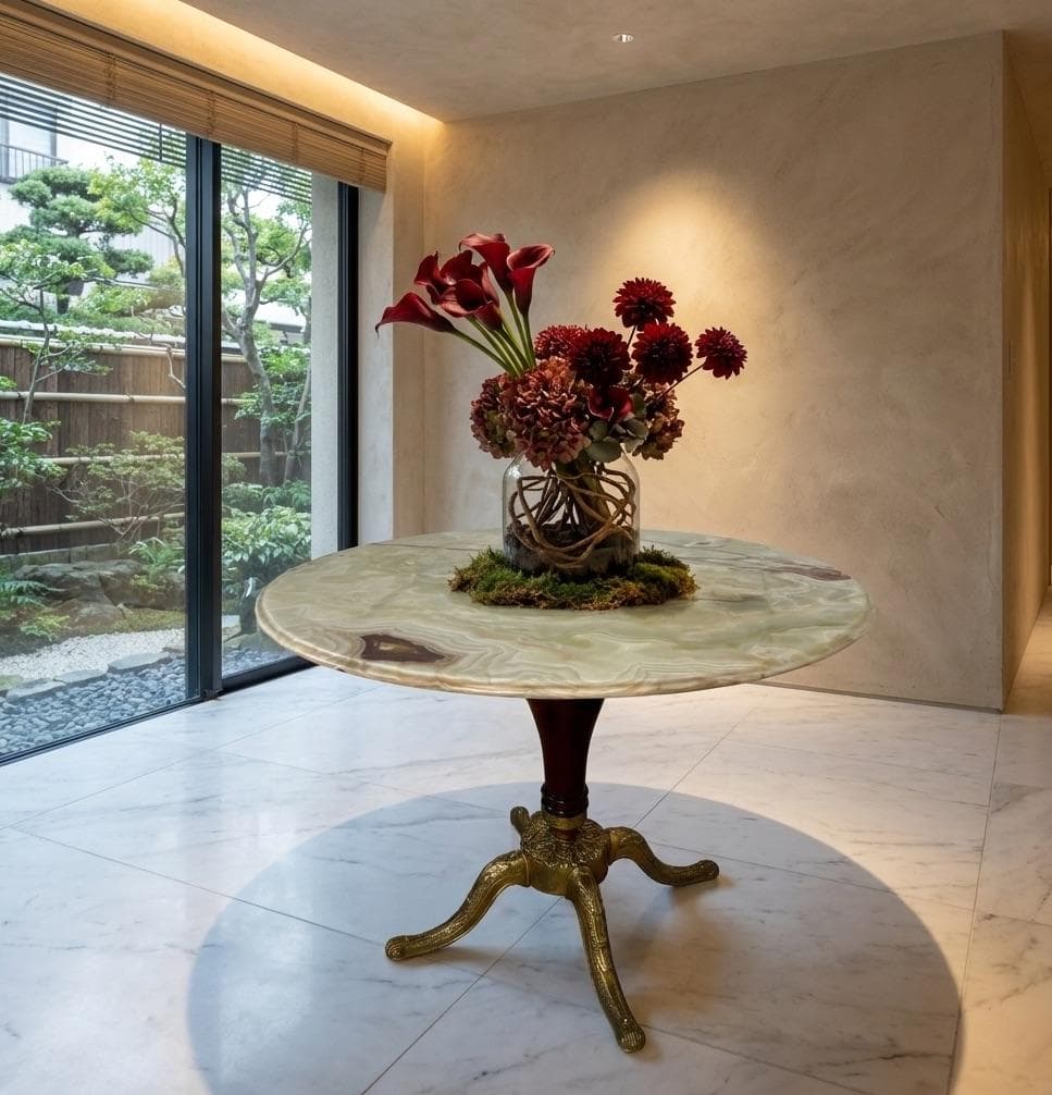 天然オニキス φ1000mm｜1枚物 天然石天板 脚付き ラウンドテーブル