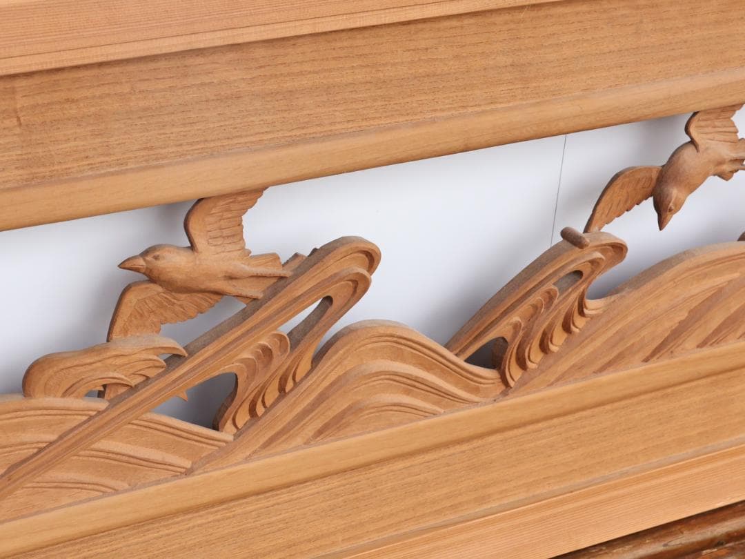 BK196　越中井波彫刻　名工　秀弐 作　波千鳥図　欄間　一対　細密彫刻　茶室