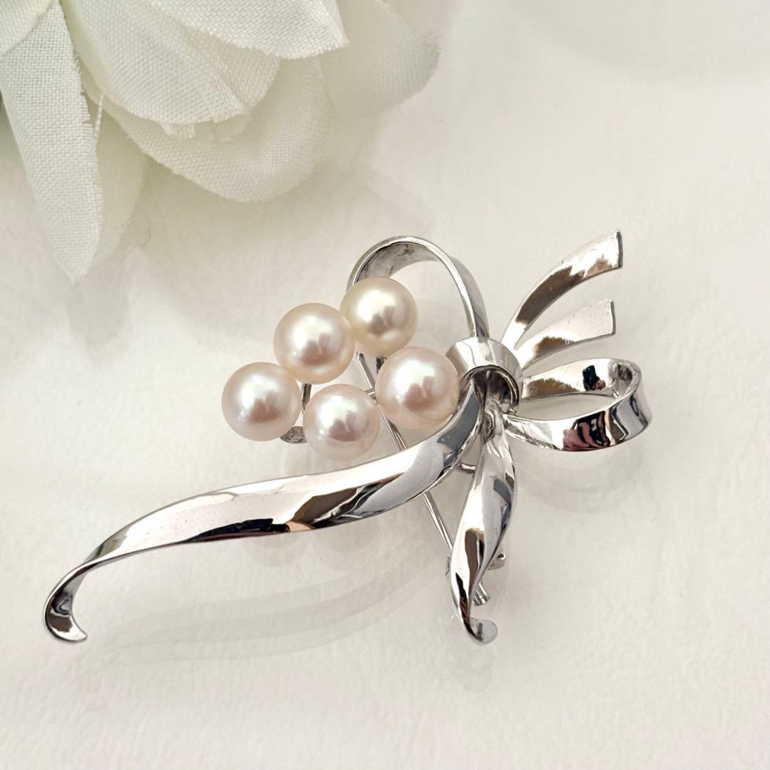 248【ミキモト】シルバー　パール　ブローチ　リボン　花束