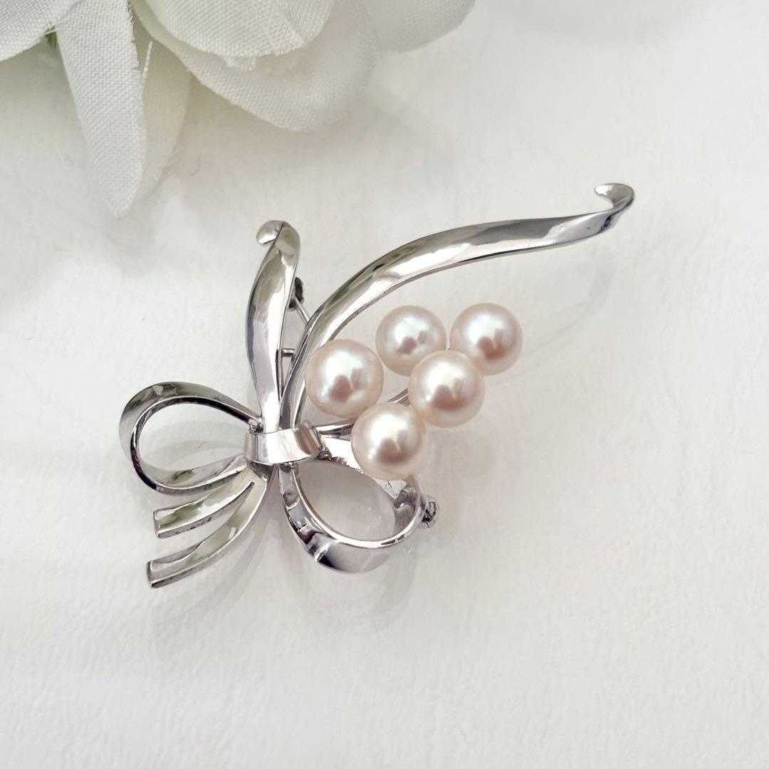 248【ミキモト】シルバー　パール　ブローチ　リボン　花束