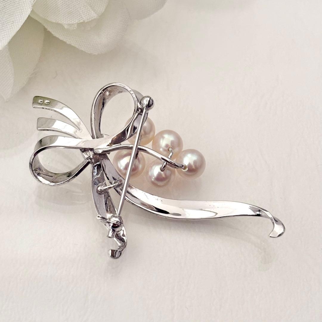 248【ミキモト】シルバー　パール　ブローチ　リボン　花束