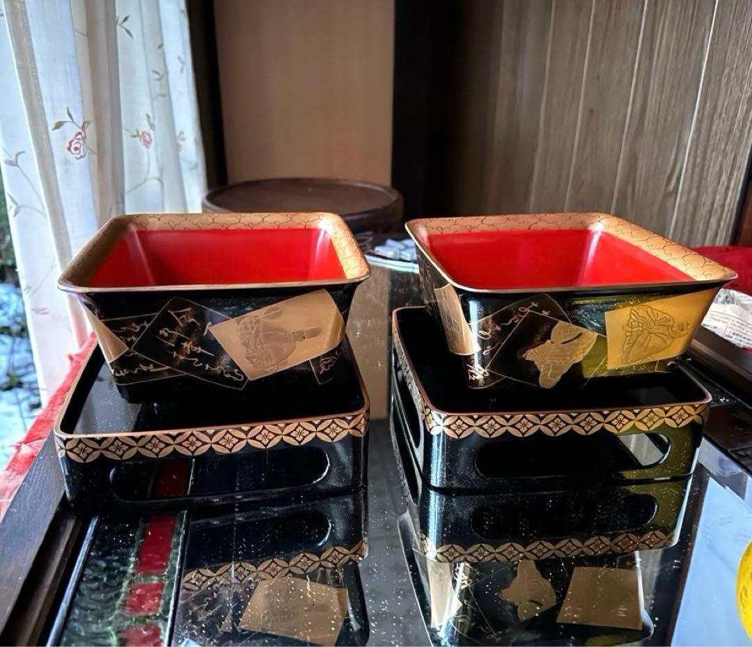節目に‼️JAPAN金❌黒蒔絵 「貴人和歌」盃洗盃台1対桐箱入
