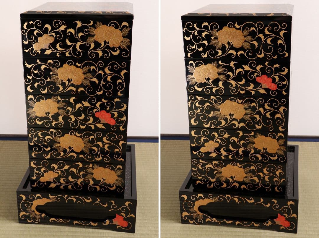 時代 牡丹唐草金蒔絵 黒塗 梨地 五段重 重台 桔梗紋 松鶴 共箱【MA120】
